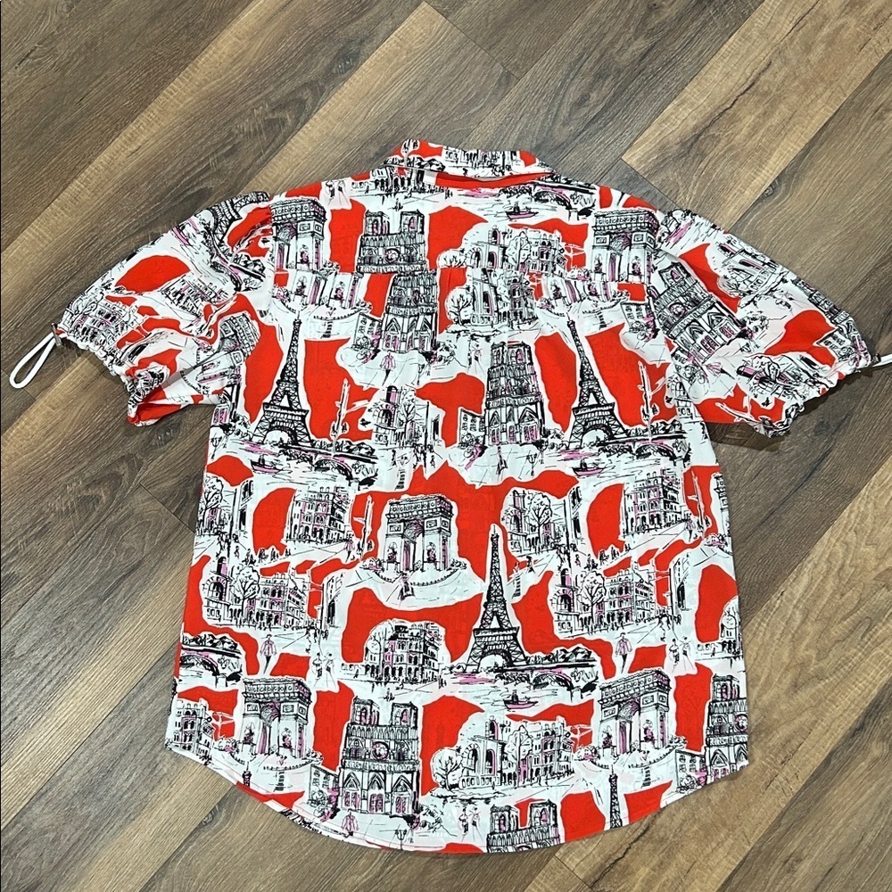 Karl Lagerfeld Women's Printed Bungee-Sleeve Short Shirt size L button Up - Picture 10 of 14